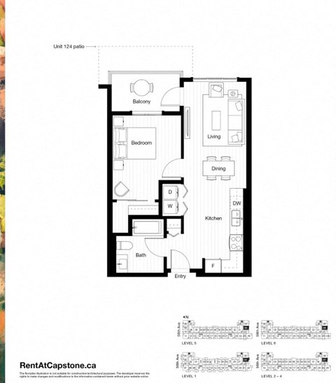 Floor plan for 1 bed, 1 bath, 628 sqft